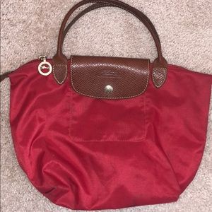 Red small Longchamp Le Pilage bag